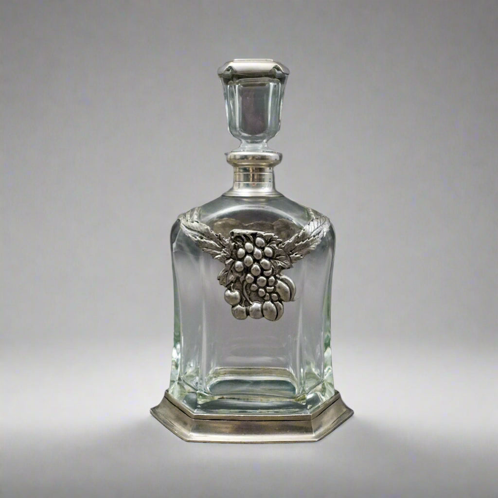 Brescia Peltro Italy Grape Pewter Etain Zinn 95% Crystal Glass Whiskey Decanter