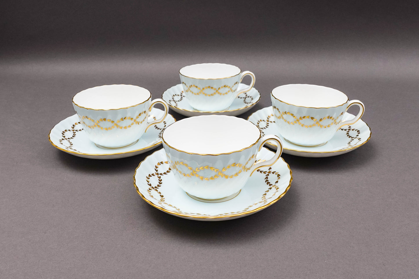 Minton England S600 Gold Laurel Leaves Light Blue Tea Cup & Saucer Set Of 4