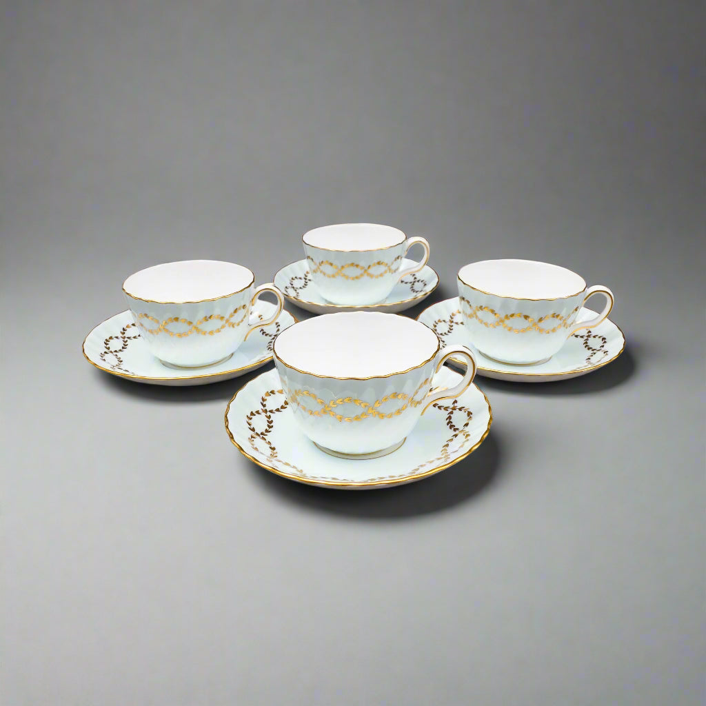 Minton England S600 Gold Laurel Leaves Light Blue Tea Cup & Saucer Set Of 4