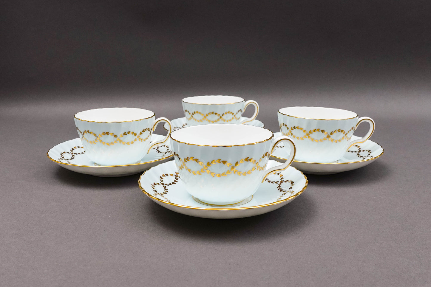 Minton England S600 Gold Laurel Leaves Light Blue Tea Cup & Saucer Set Of 4