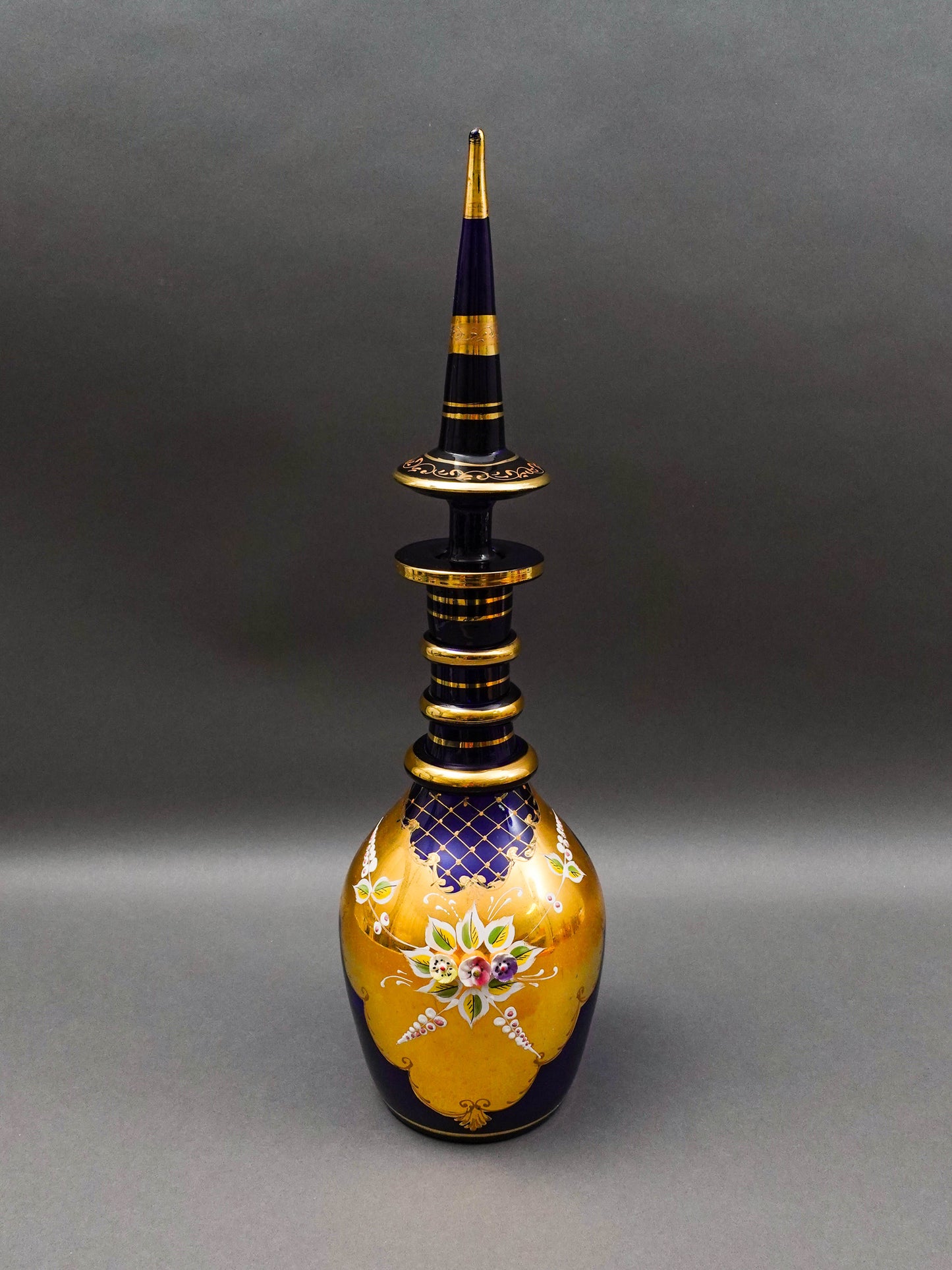 Bohemian Czech Cobalt Blue Hand Painted Floral Gold Gilt Glass Decanter 20 3/4"