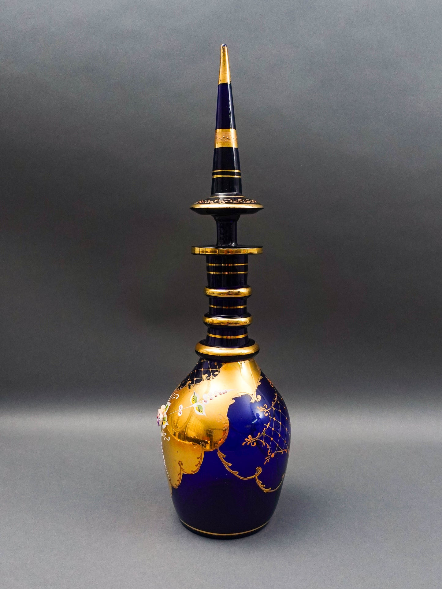 Bohemian Czech Cobalt Blue Hand Painted Floral Gold Gilt Glass Decanter 20 3/4"