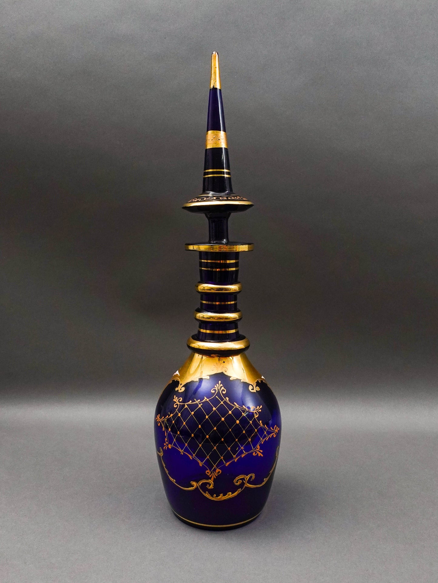 Bohemian Czech Cobalt Blue Hand Painted Floral Gold Gilt Glass Decanter 20 3/4"