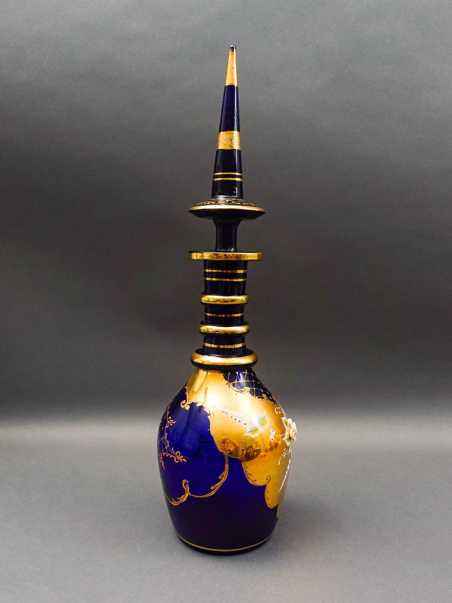Bohemian Czech Cobalt Blue Hand Painted Floral Gold Gilt Glass Decanter 20 3/4"