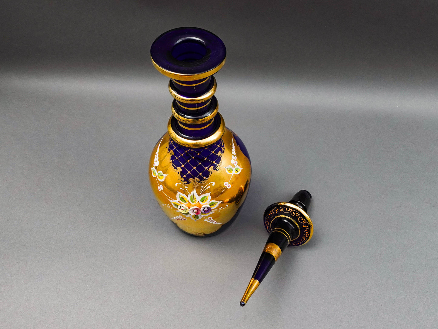 Bohemian Czech Cobalt Blue Hand Painted Floral Gold Gilt Glass Decanter 20 3/4"