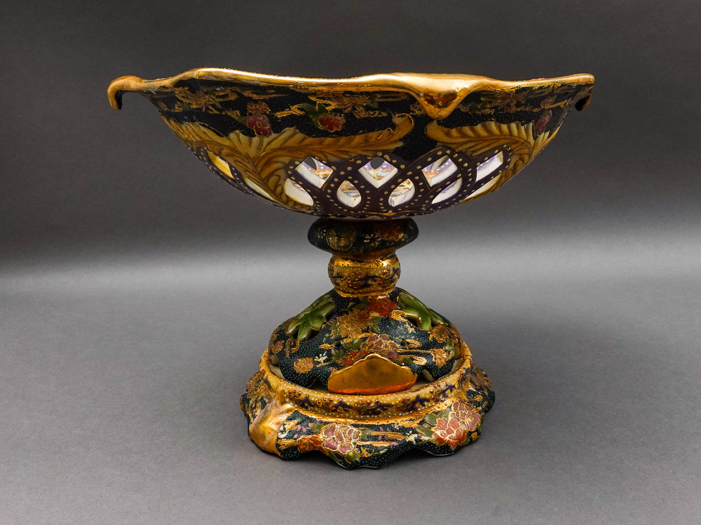 Royal Satsuma Handpainted Moriage Reticulated Pedestal Centerpiece Bowl Compote