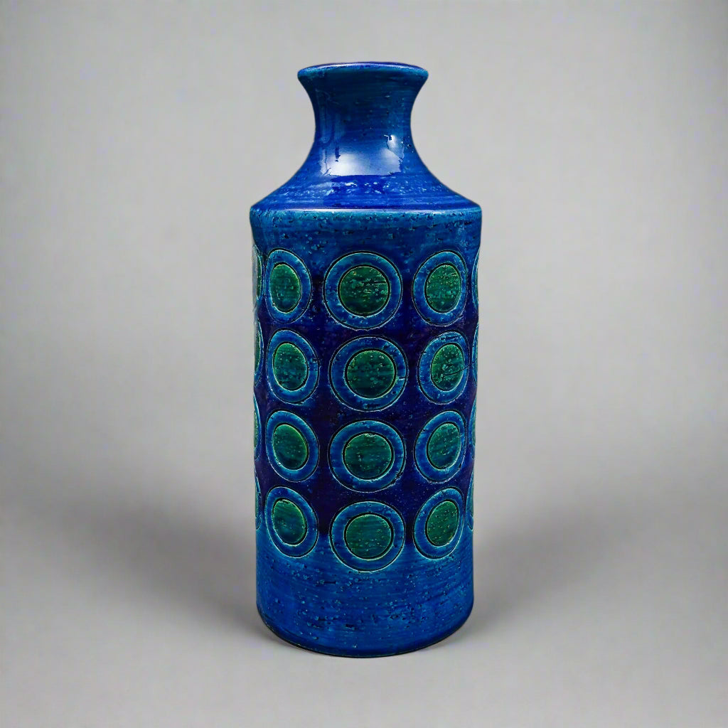 Bitossi Italy Aldo Londi Rimini MCM Blue Glazed Circles Art Pottery Vase 11 3/4"