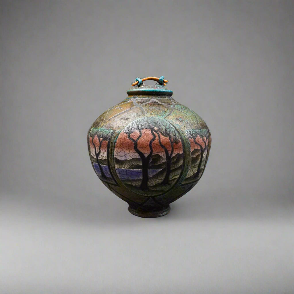 Ken Jensen 1998 Signed Large Landscape Scene Raku Pottery Covered Vessel Pot Jar