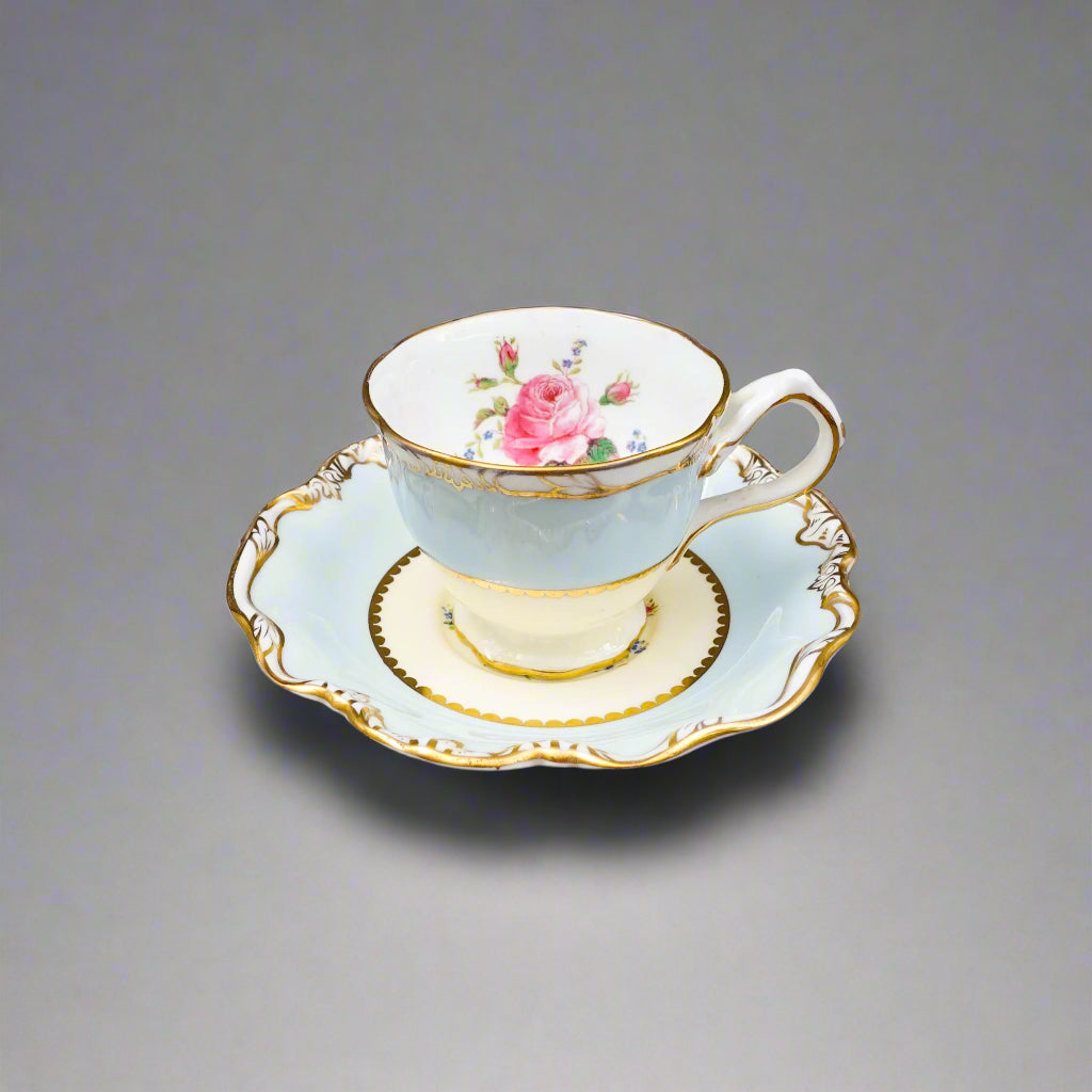 George Jones Crescent England Rose Floral Blue Gold Demitasse Cup & Saucer