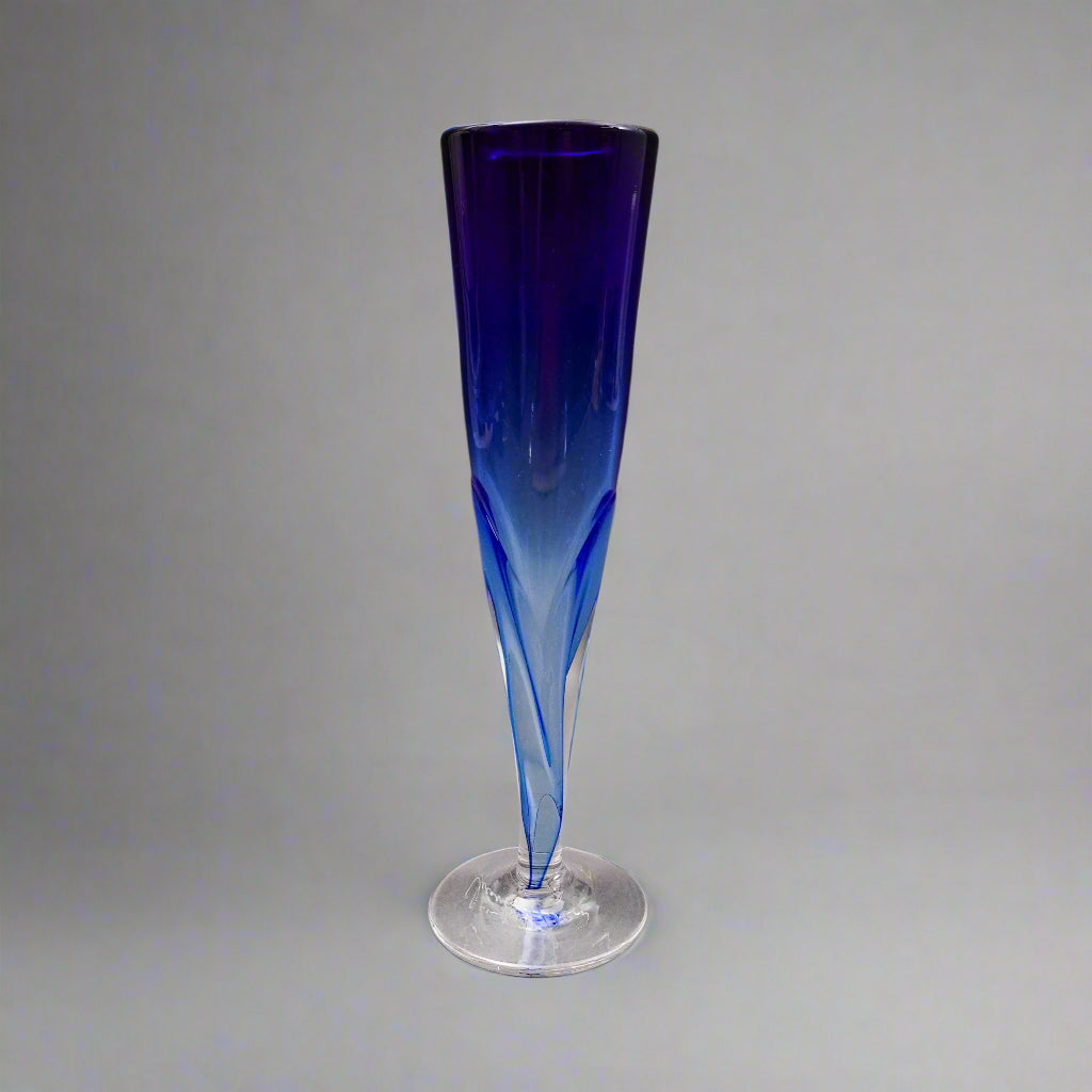 Vintage Signed 1987 Blue Hand Blown Art Glass Fluted Bud Vase 10 3/8"