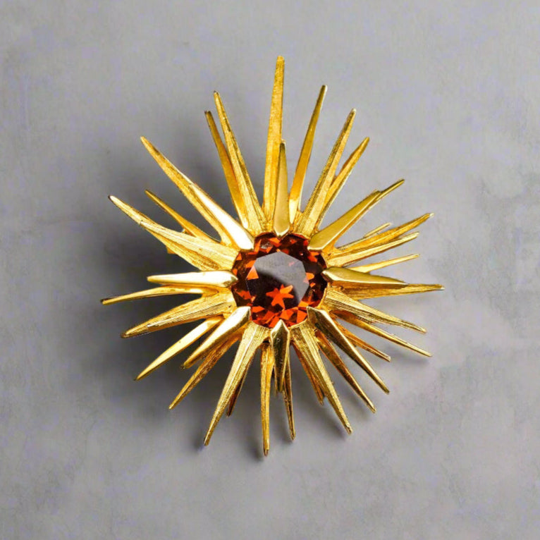 Schaperelli Signed Vintage Starburst Star Gold Tone Amber Brooch Pin