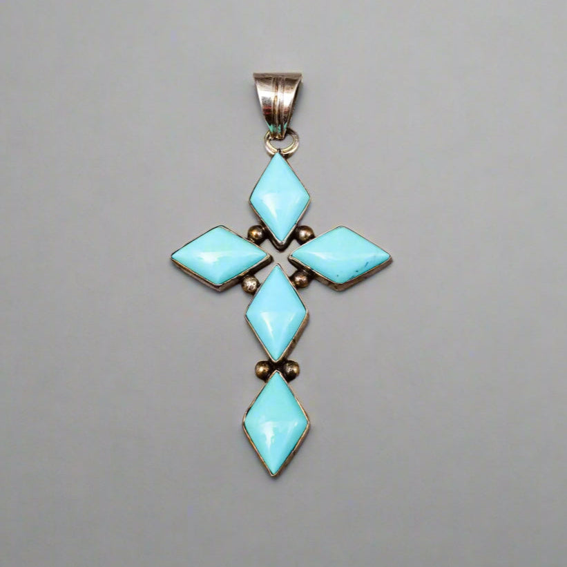 Running Bear RB Signed Navajo Sterling Silver 925 Turquoise Cross Pendant
