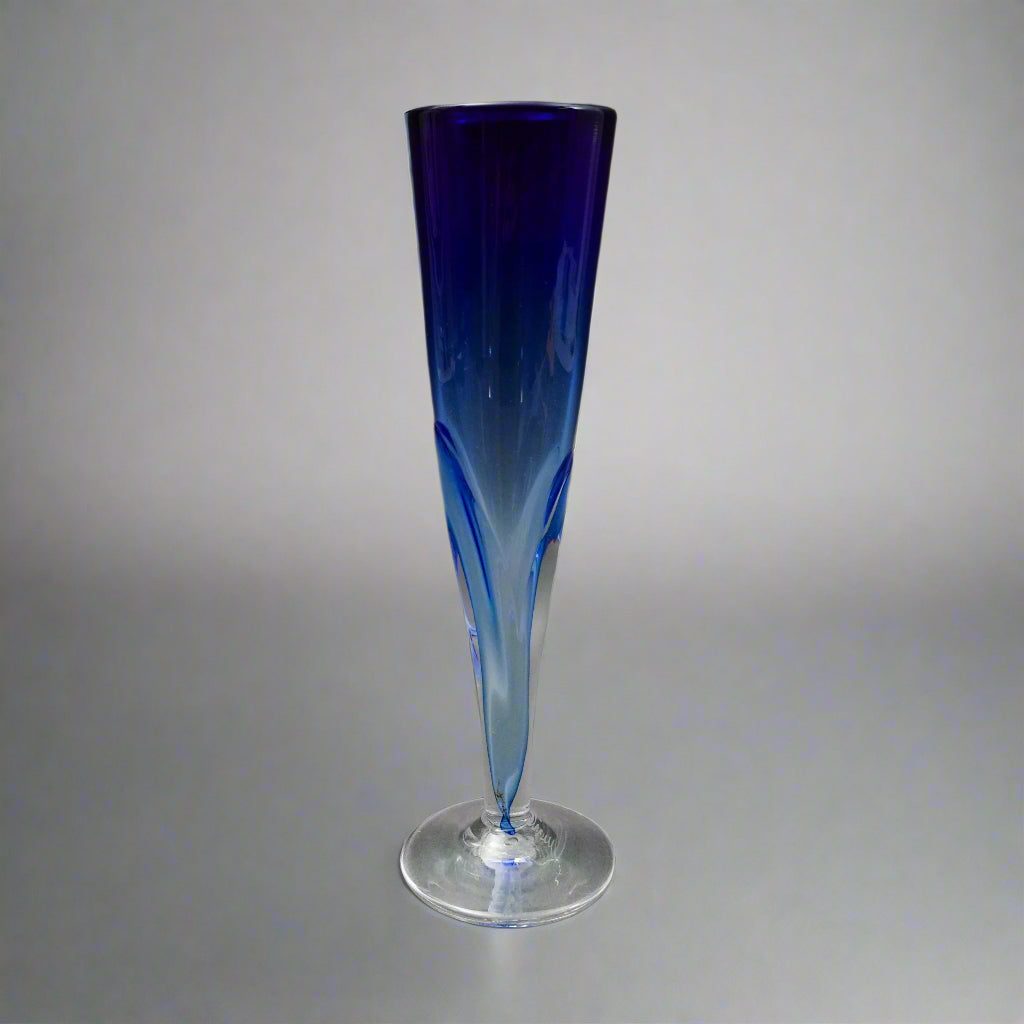 Vintage Signed 1987 Blue Hand Blown Art Glass Fluted Bud Vase 10 3/8"