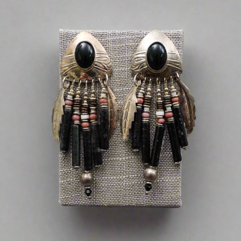 Tabra Signed Vintage Sterling Silver Onyx Feather Tribal Dangle Drop Earrings