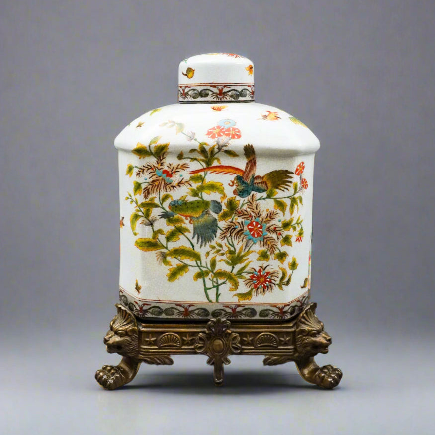 Wong Lee Chinoiserie Floral Bird Bronze Ormolu Porcelain Lidded GingerJar