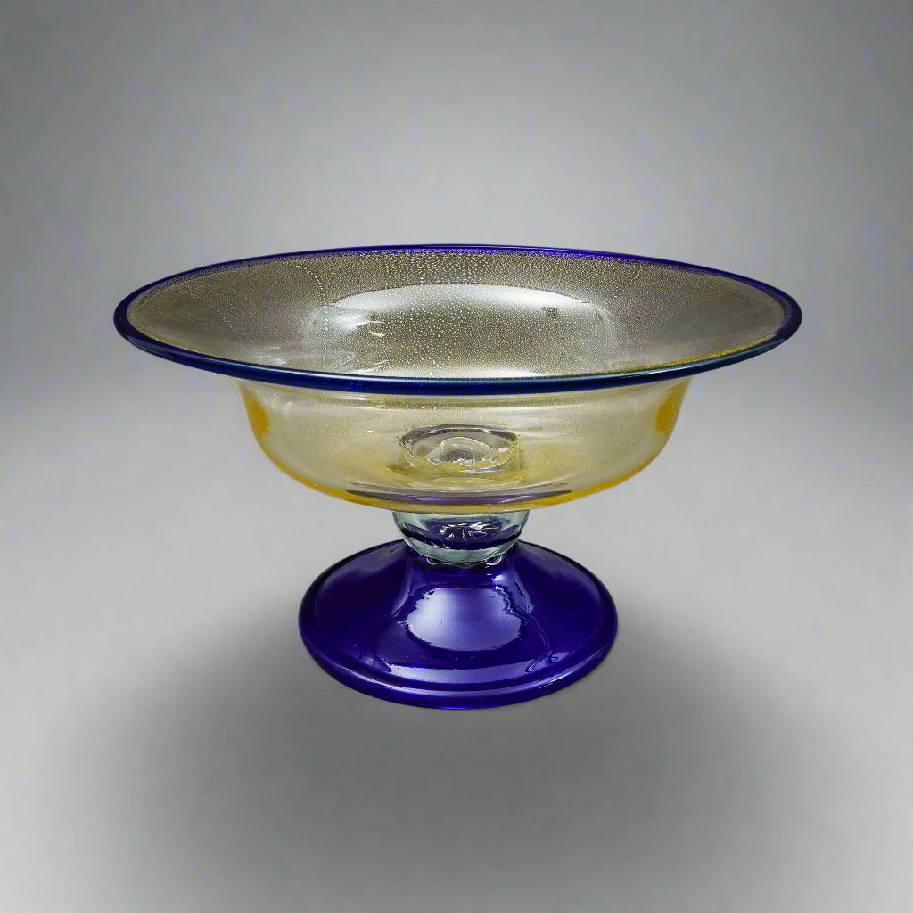 Murano Large Cobalt Blue Gold Fleck Art Glass Compote Centerpiece Bowl 12.25"