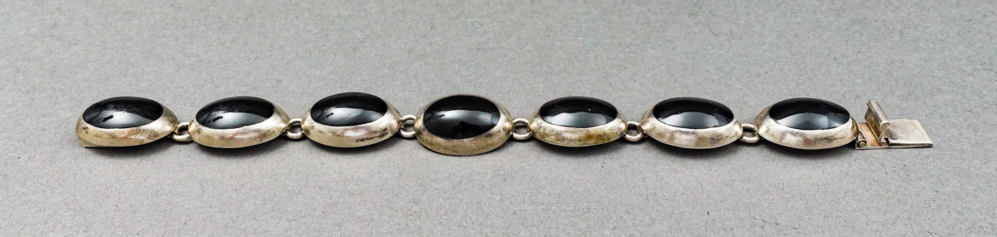 Vintage Taxco Mexico 925 Sterling Silver Black Onyx Oval Cabochon Bracelet