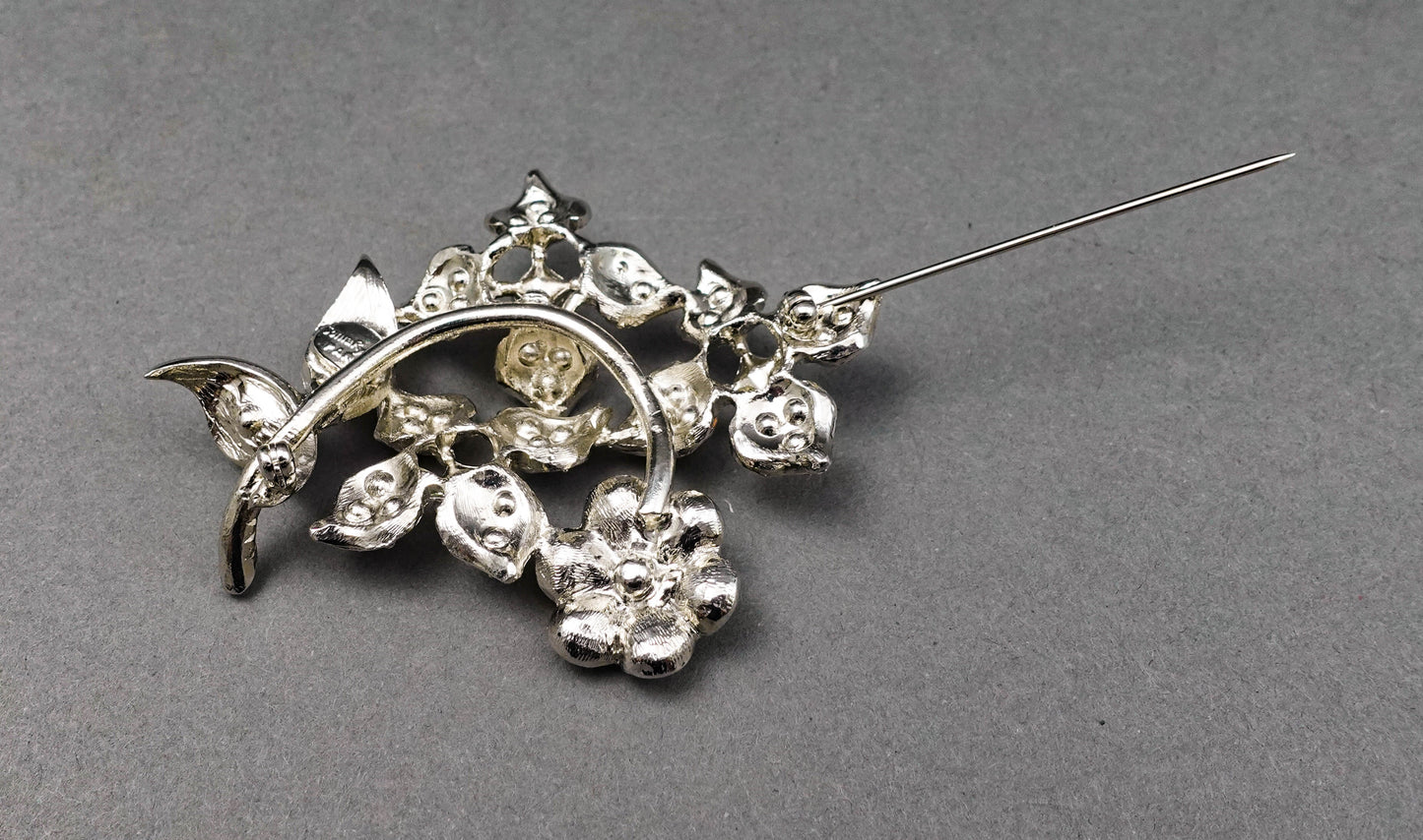 Sonia Rykiel Paris Silvertone Rhinestone Floral Pin Brooch