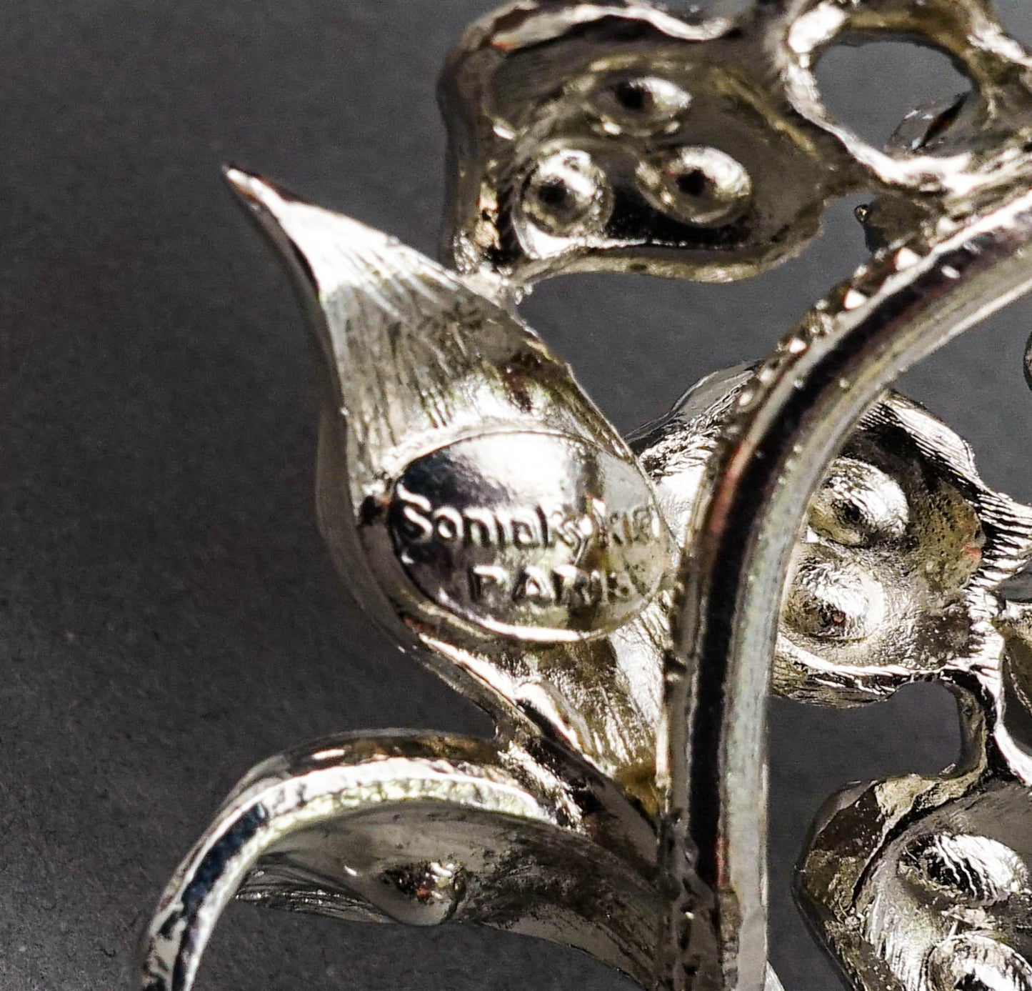 Sonia Rykiel Paris Silvertone Rhinestone Floral Pin Brooch