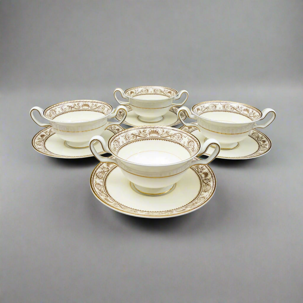 Wedgwood England Runnymede Cream Bone China Cream Soup Bowls & Saucers Set Of 4