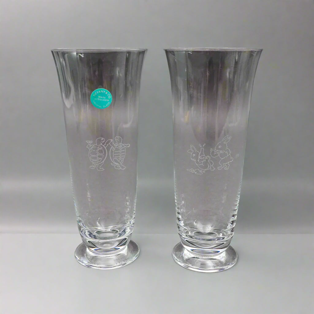Tiffany & Co Signed Turtle Hare Rabbit Fluted Champagne Crystal Glass Set Of 2