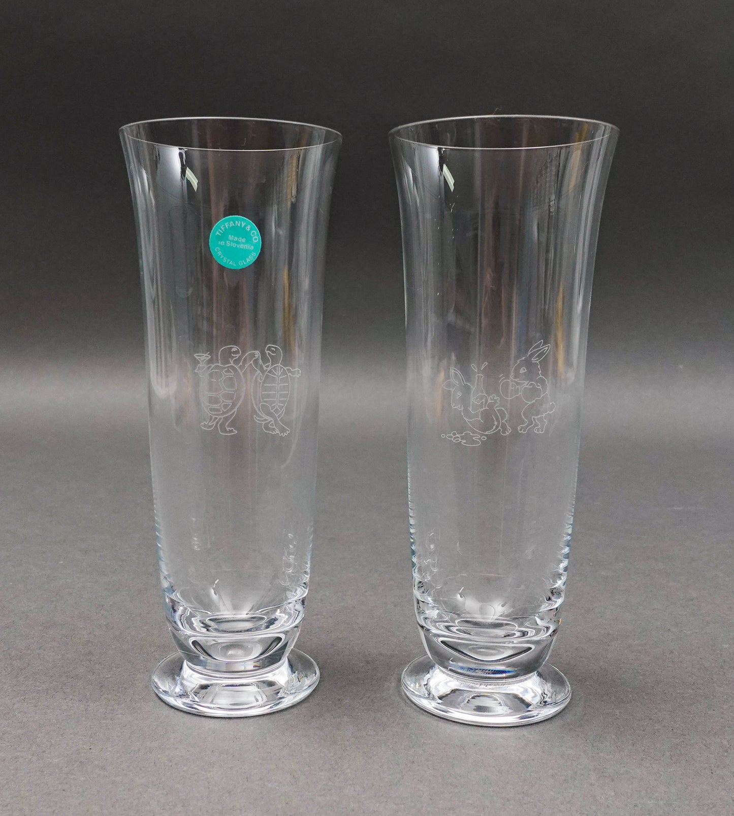 Tiffany & Co Signed Turtle Hare Rabbit Fluted Champagne Crystal Glass Set Of 2