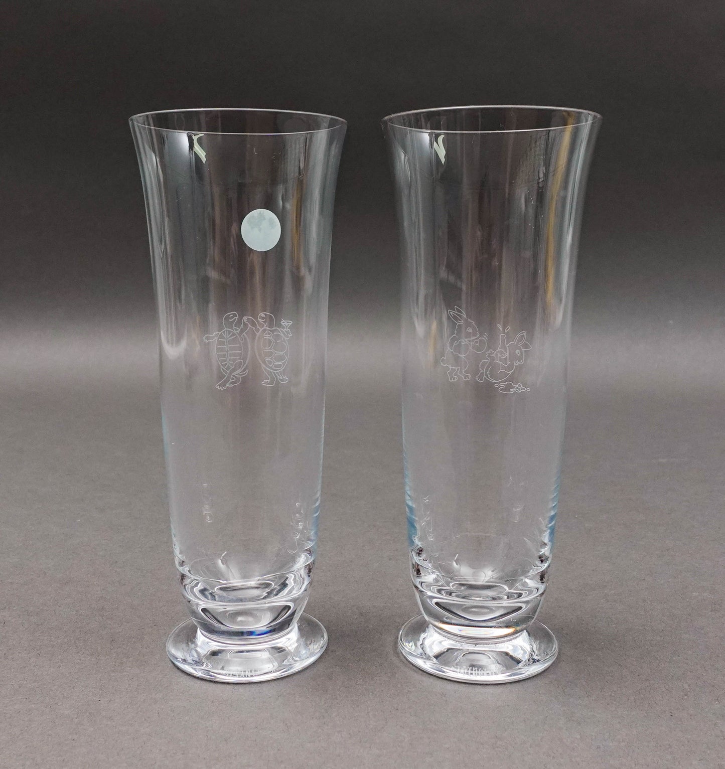 Tiffany & Co Signed Turtle Hare Rabbit Fluted Champagne Crystal Glass Set Of 2