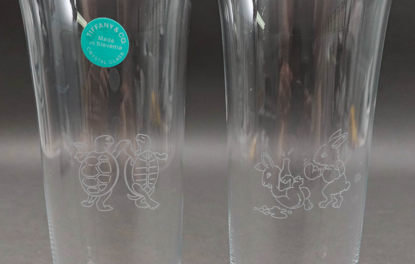 Tiffany & Co Signed Turtle Hare Rabbit Fluted Champagne Crystal Glass Set Of 2