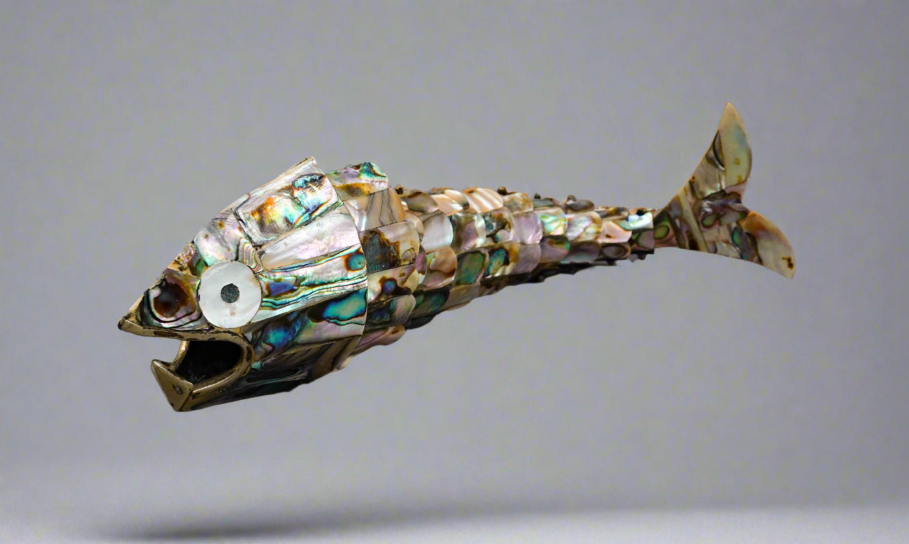 Mexican Vintage Mother Of Pearl Abalone Articulated Fish Bottle Opener 9 7/8"