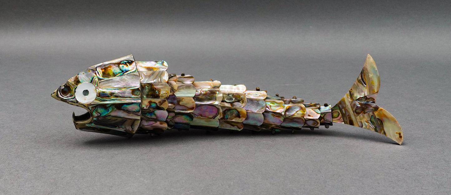 Mexican Vintage Mother Of Pearl Abalone Articulated Fish Bottle Opener 9 7/8"