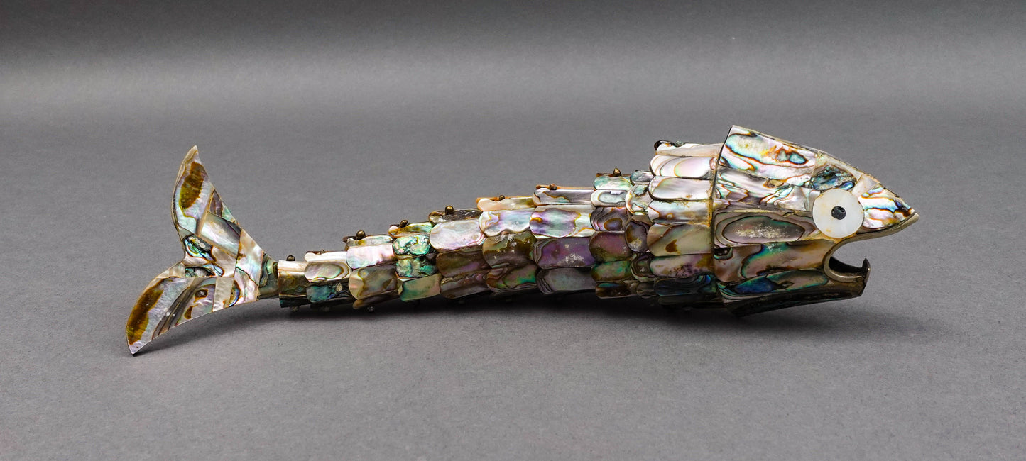 Mexican Vintage Mother Of Pearl Abalone Articulated Fish Bottle Opener 9 7/8"