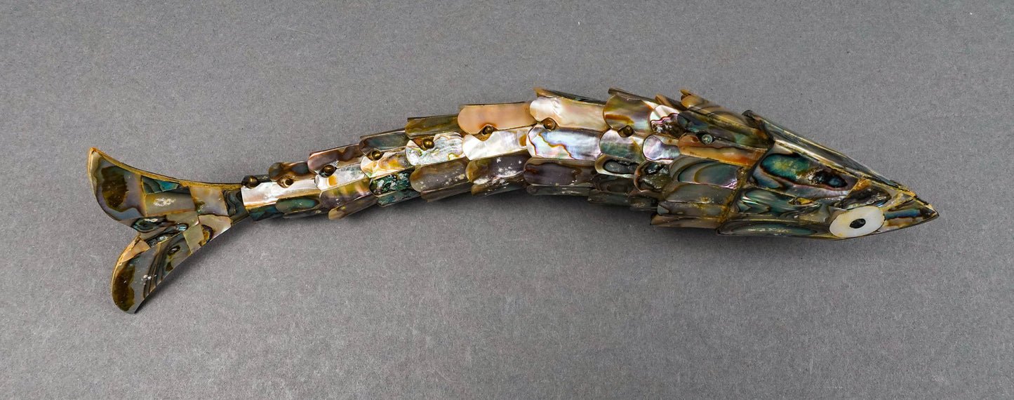 Mexican Vintage Mother Of Pearl Abalone Articulated Fish Bottle Opener 9 7/8"