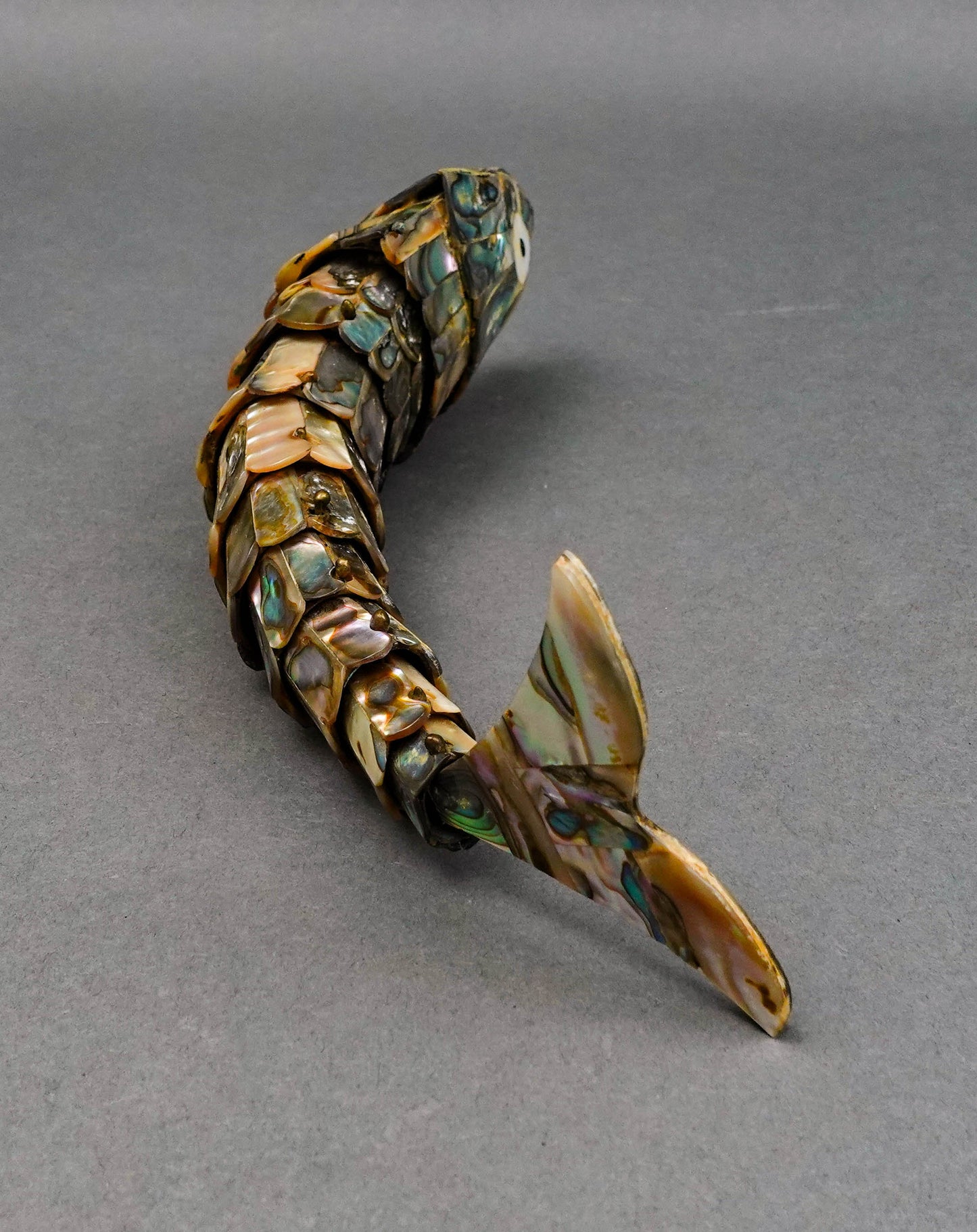 Mexican Vintage Mother Of Pearl Abalone Articulated Fish Bottle Opener 9 7/8"