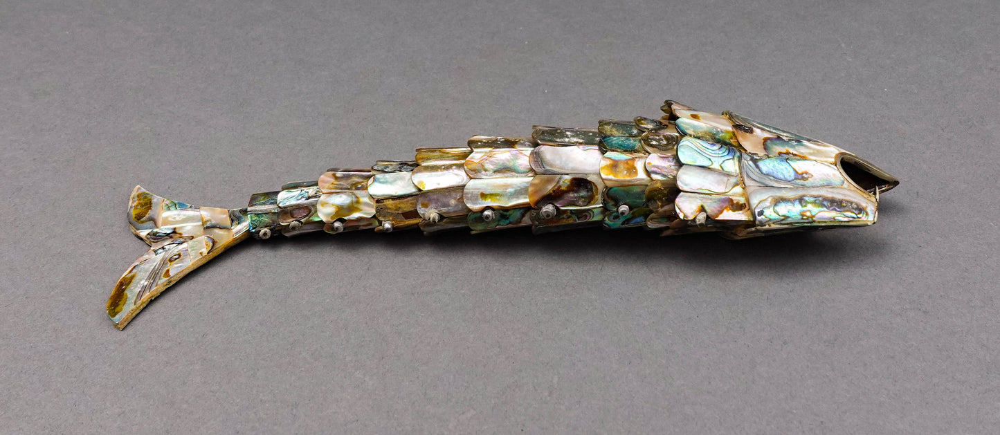 Mexican Vintage Mother Of Pearl Abalone Articulated Fish Bottle Opener 9 7/8"