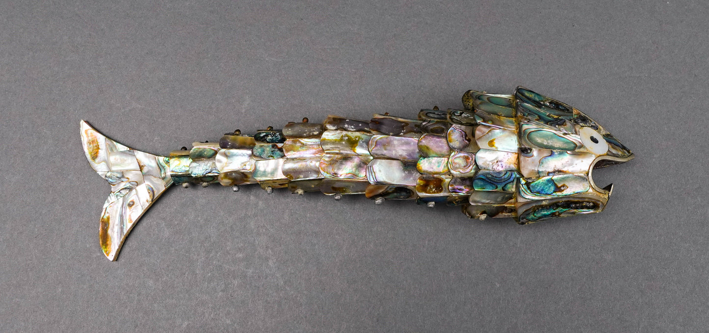 Mexican Vintage Mother Of Pearl Abalone Articulated Fish Bottle Opener 9 7/8"