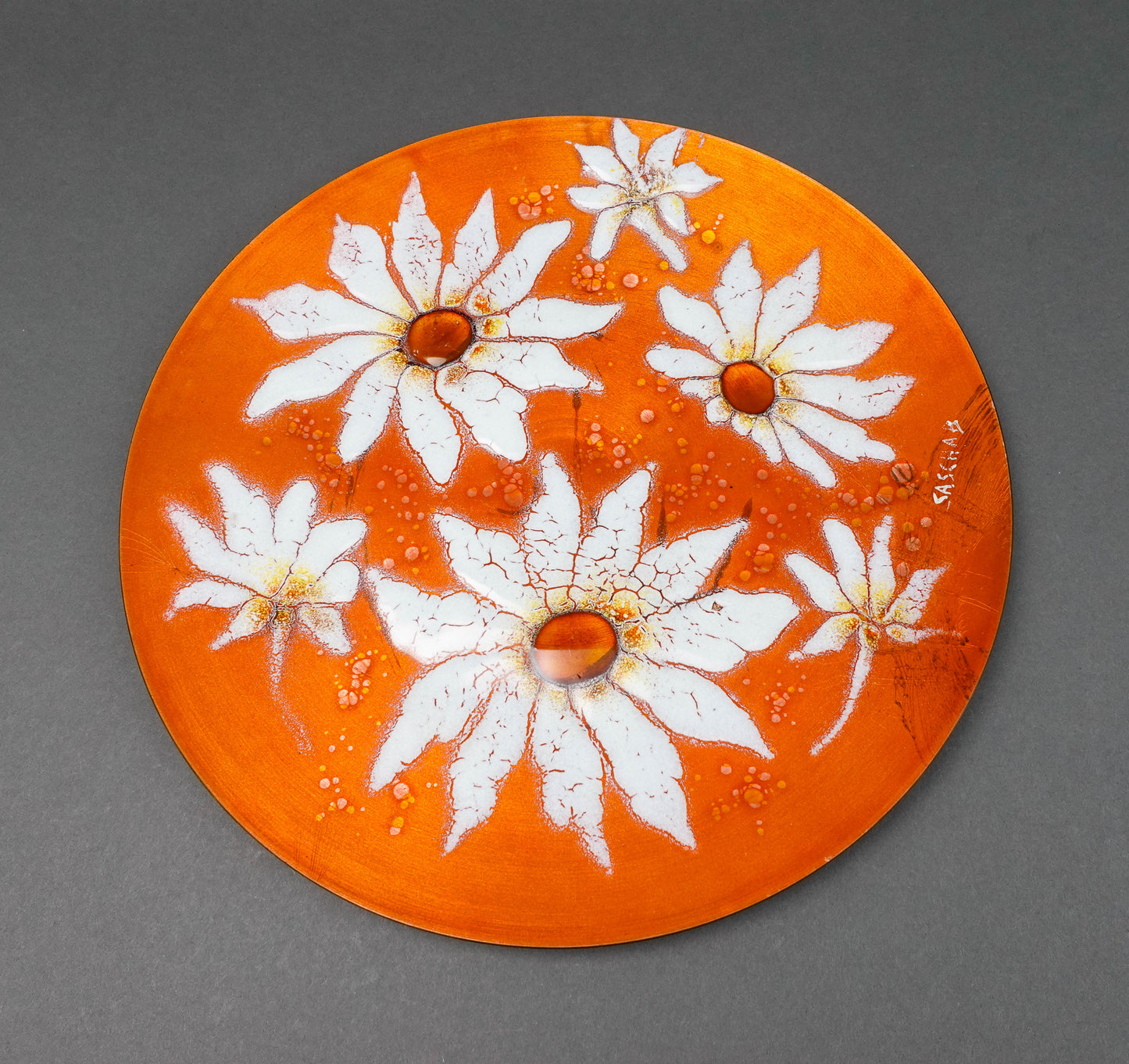 Sasha Brastoff California MCM Floral Daisies Enamel On Copper Hanging Plate 13"