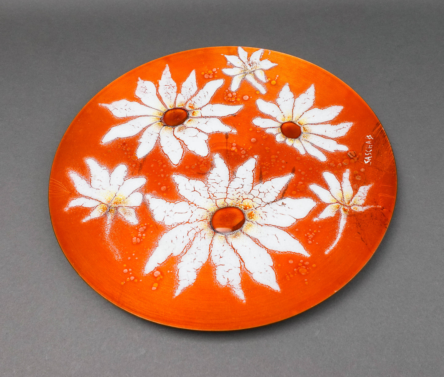 Sasha Brastoff California MCM Floral Daisies Enamel On Copper Hanging Plate 13"