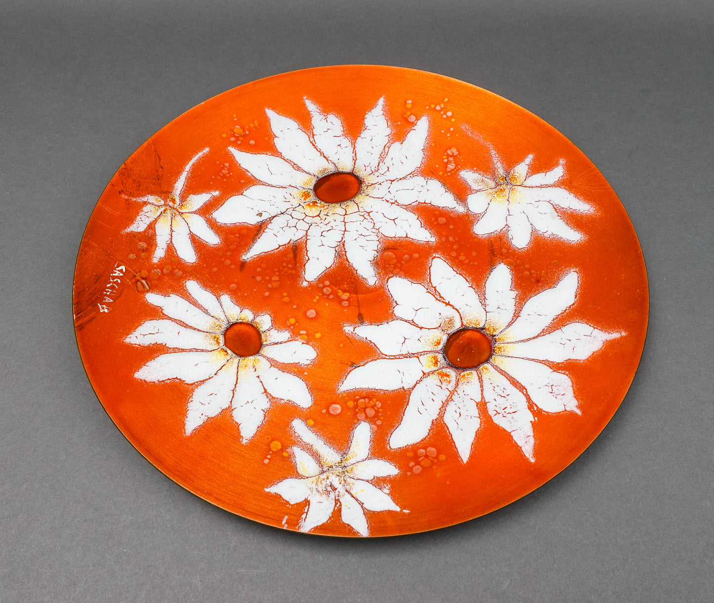 Sasha Brastoff California MCM Floral Daisies Enamel On Copper Hanging Plate 13"