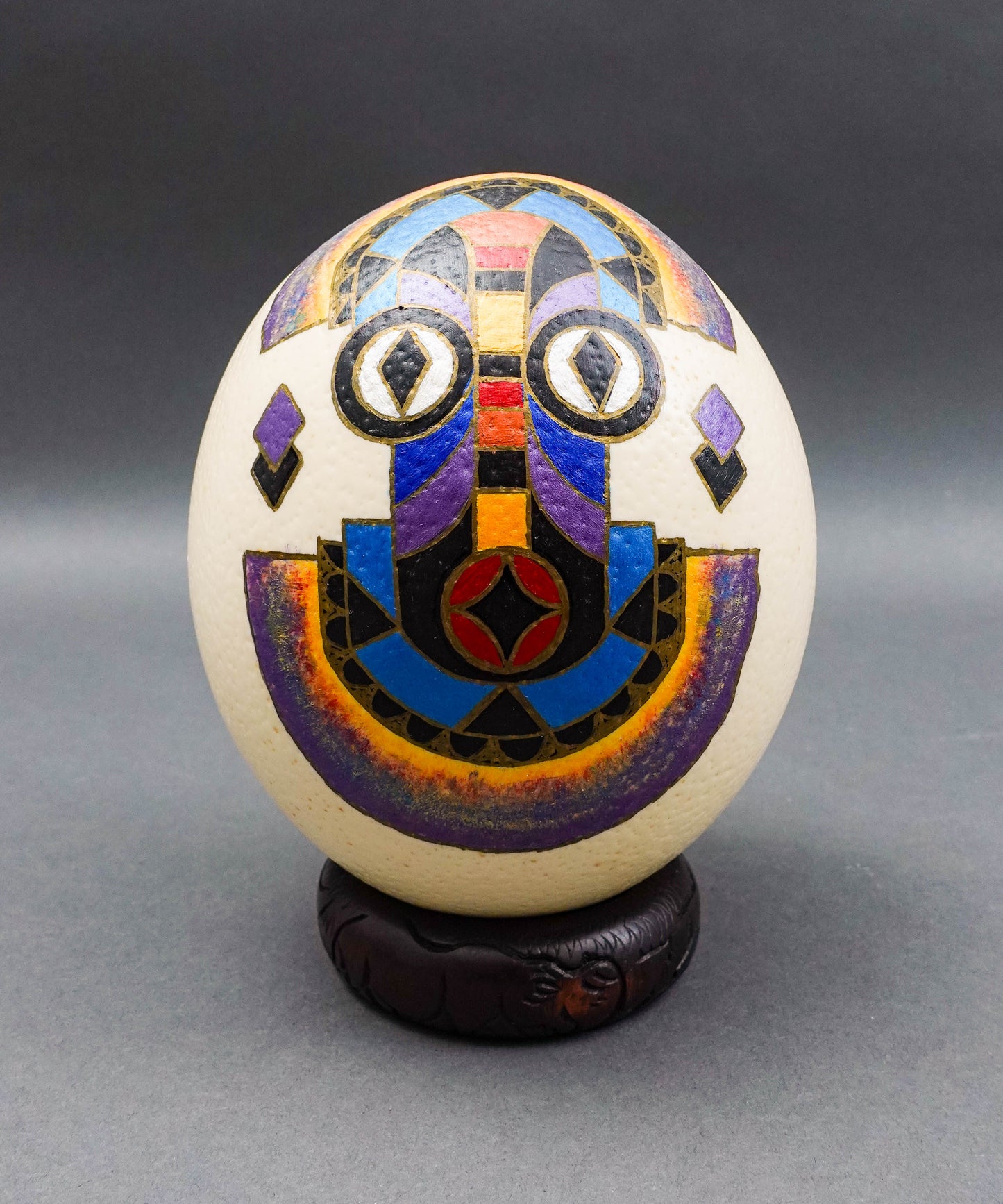 Misha Zimbabwe Zambia Hand Painted Barotse Water Spirit Mask Ostrich Egg & Stand