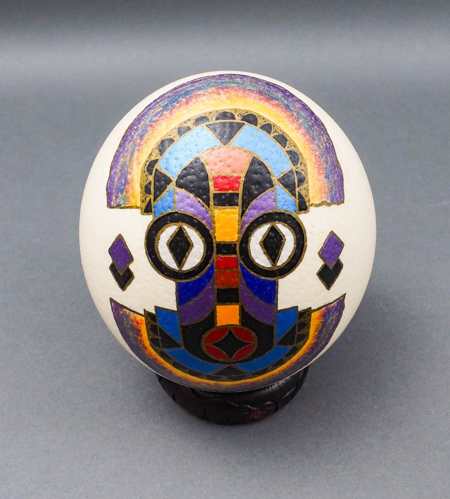 Misha Zimbabwe Zambia Hand Painted Barotse Water Spirit Mask Ostrich Egg & Stand