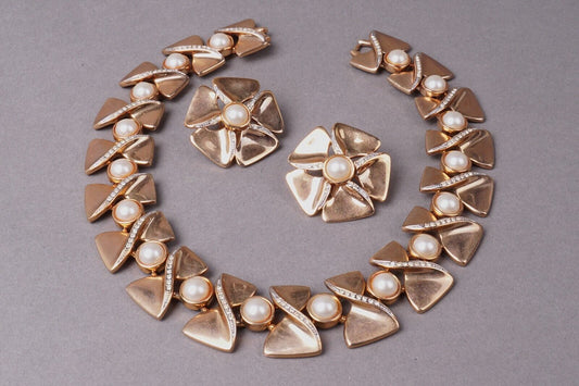 Craft Vintage Gold Tone Demi Pave Rhinestone Faux Pearl Choker Necklace Earrings