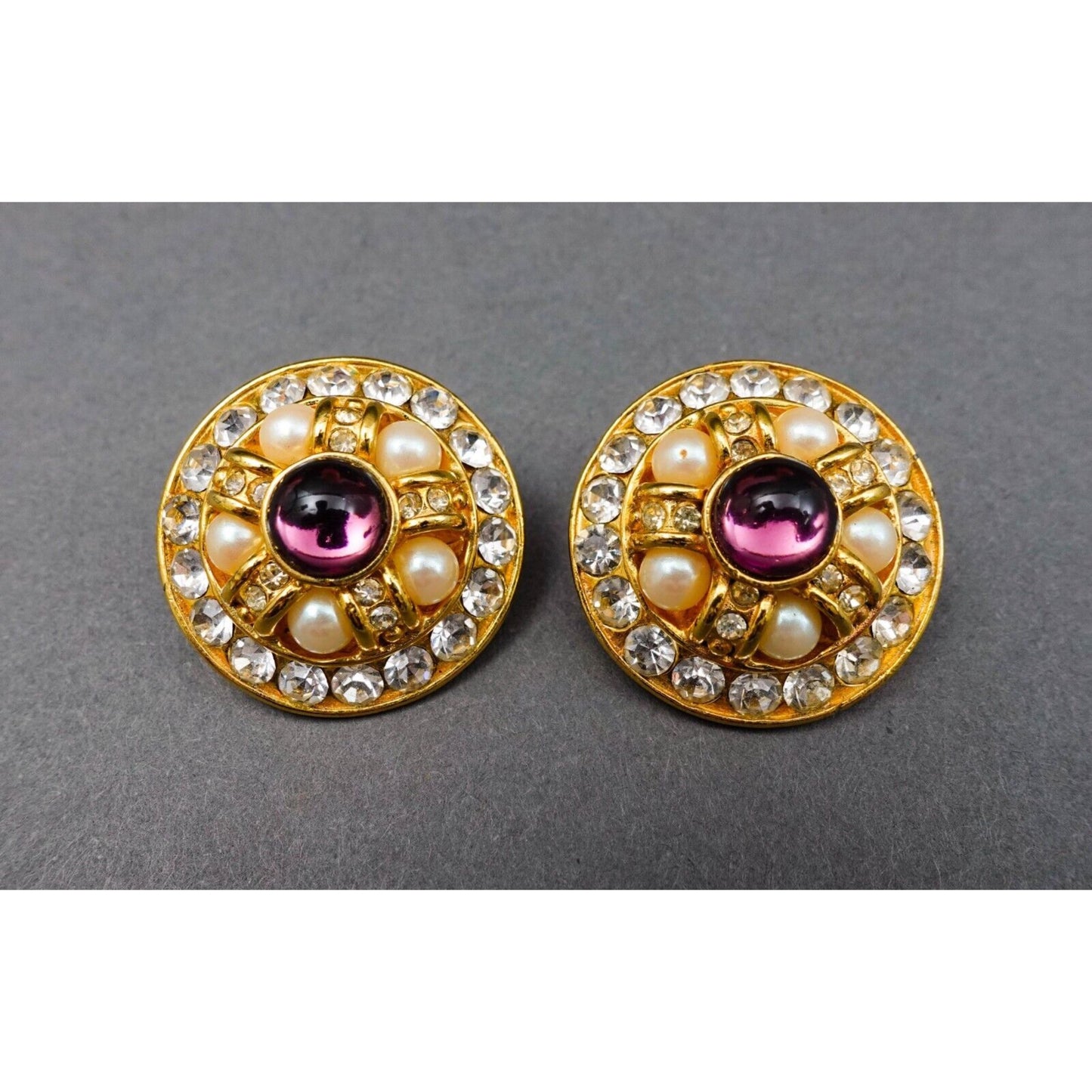 Blanca Vintage Round Gold Tone Cabochon Rhinestone Faux Pearl Clip Earrings