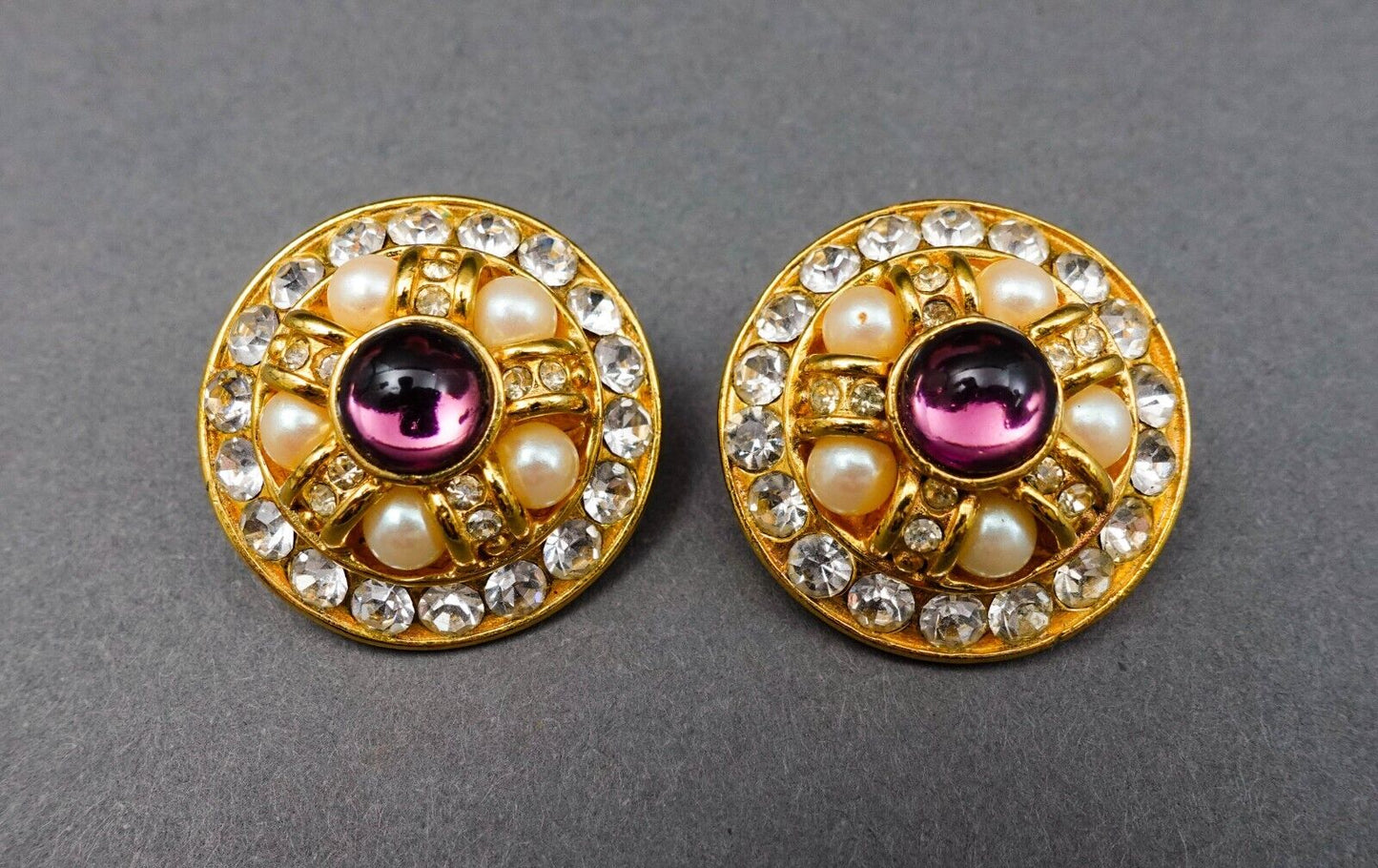 Blanca Vintage Round Gold Tone Cabochon Rhinestone Faux Pearl Clip Earrings
