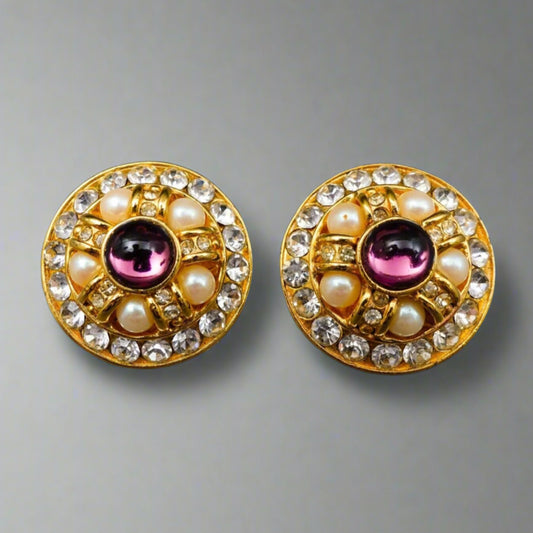 Blanca Vintage Round Gold Tone Cabochon Rhinestone Faux Pearl Clip Earrings