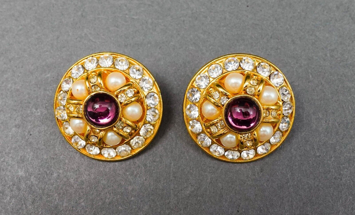 Blanca Vintage Round Gold Tone Cabochon Rhinestone Faux Pearl Clip Earrings