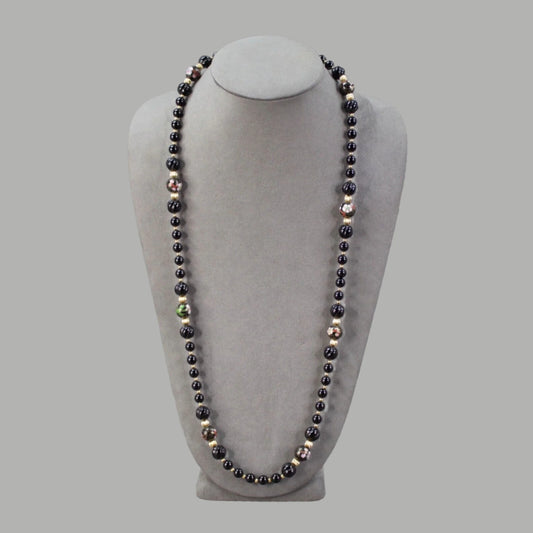 Vintage Asian Onyx Cloisonné Enamel Bead Necklace 14K Gold 34" Long 81 Grams