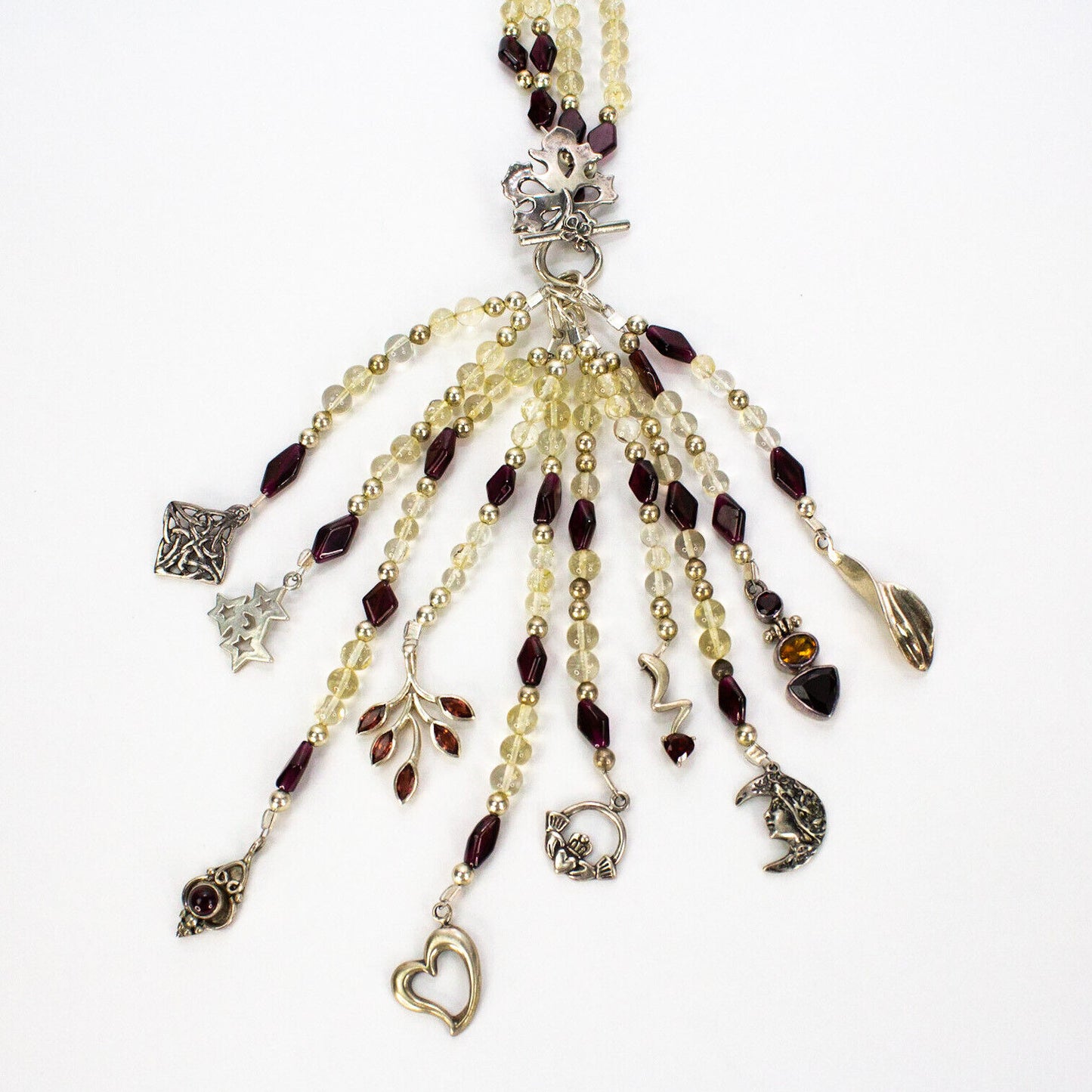 Sterling Quartz Amethyst Beaded Multi Strand Dangling Pendants Tassel Necklace