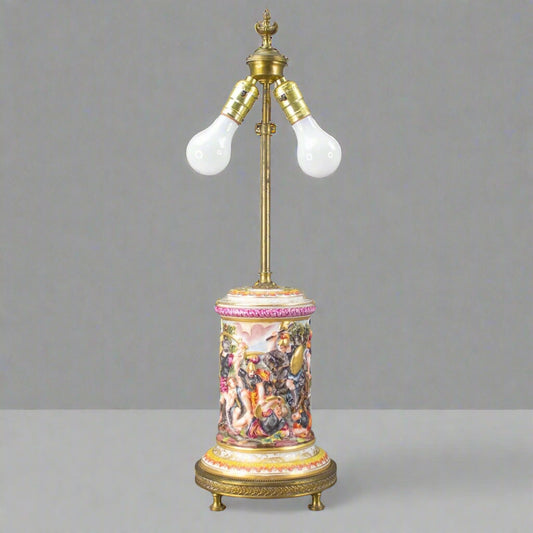 Capodimonte Porcelain Decorated Relief Warriors In Battle Lamp With Bronze Base