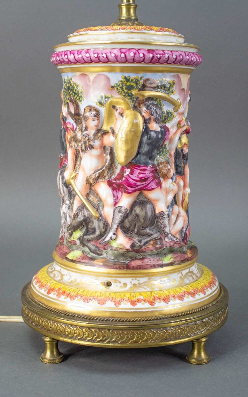 Capodimonte Porcelain Decorated Relief Warriors In Battle Lamp With Bronze Base