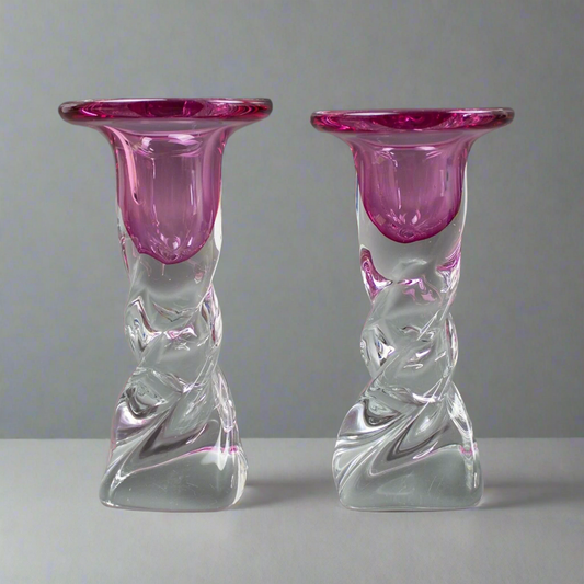 Pair Murano Italy Cenedese Sommerso Twist Art Glass Candlestick Candle Holders